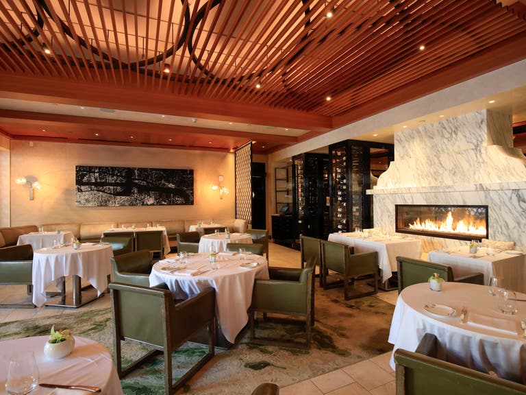 Wolfgang Puck at Hotel Bel-Air dining room and fireplace