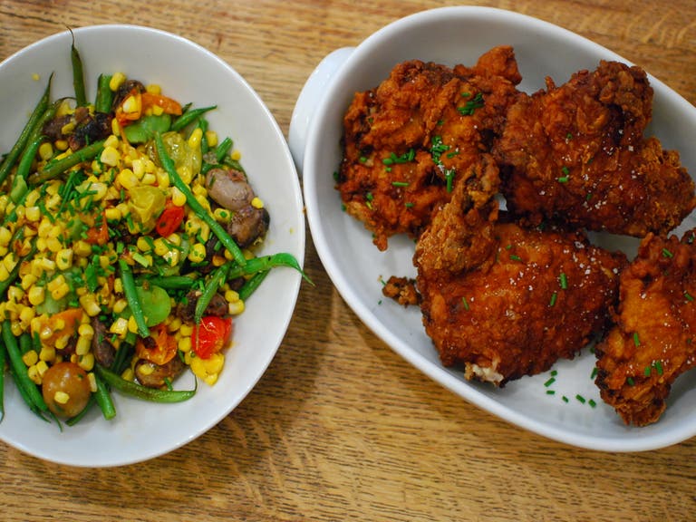 Succotash and fried chicken at Huckleberry