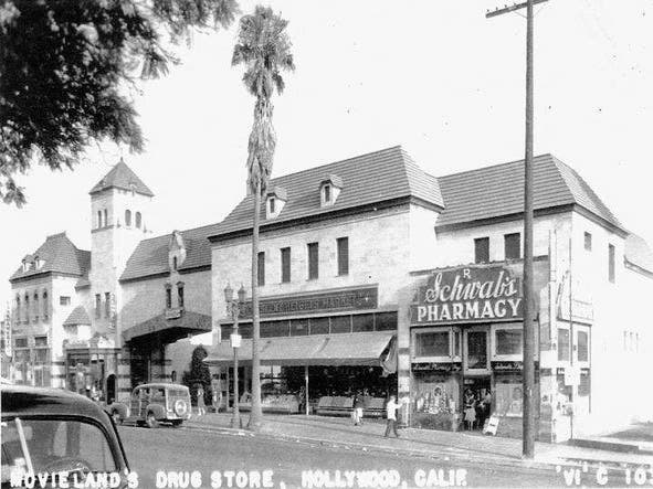 1940s postcard with Schwab's Pharmacy