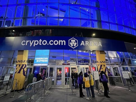 An image showing the entrance of Crypto.com Arena during a Lakers game