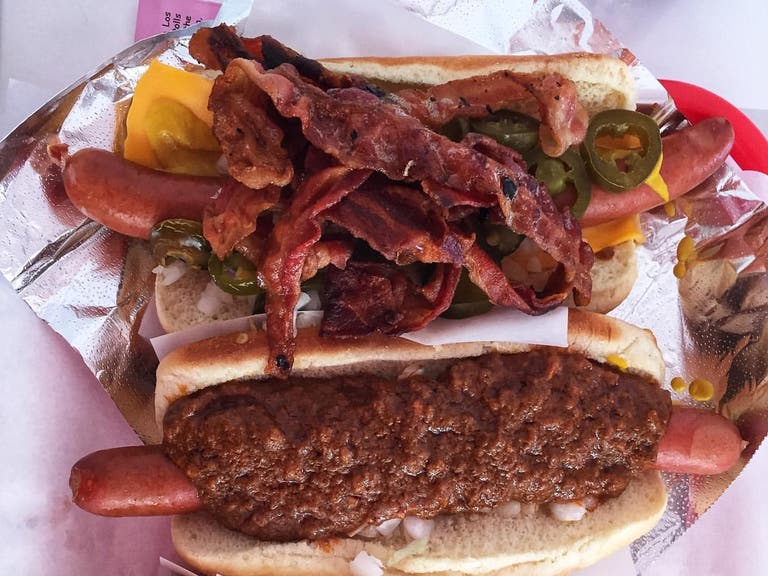 Emeril Lagasse Bam Dog and 9" Stretch Chili Dog at Pink's in Hollywood