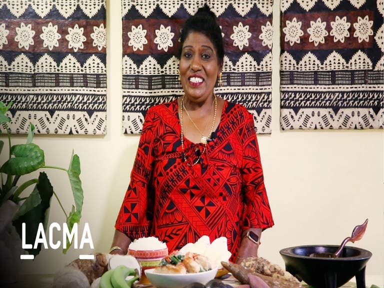 Chef Chandra Williams prepares the Fijian dish ika vakalolo on Cooking with LACMA