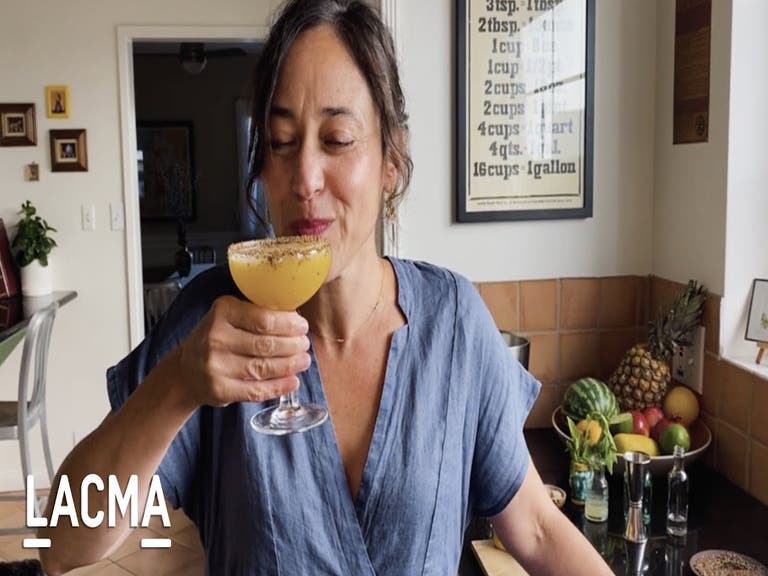Chef Maite Gomez-Rejón sips her Mango-Pineapple Mezcal Margarita on Cooking with LACMA