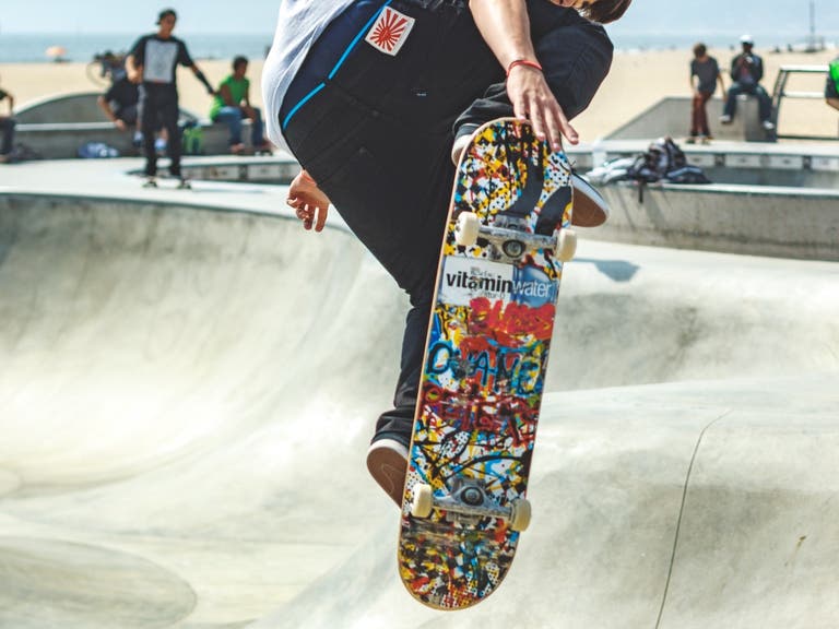 A skateboarder catches air at the Venice Beach Skatepark